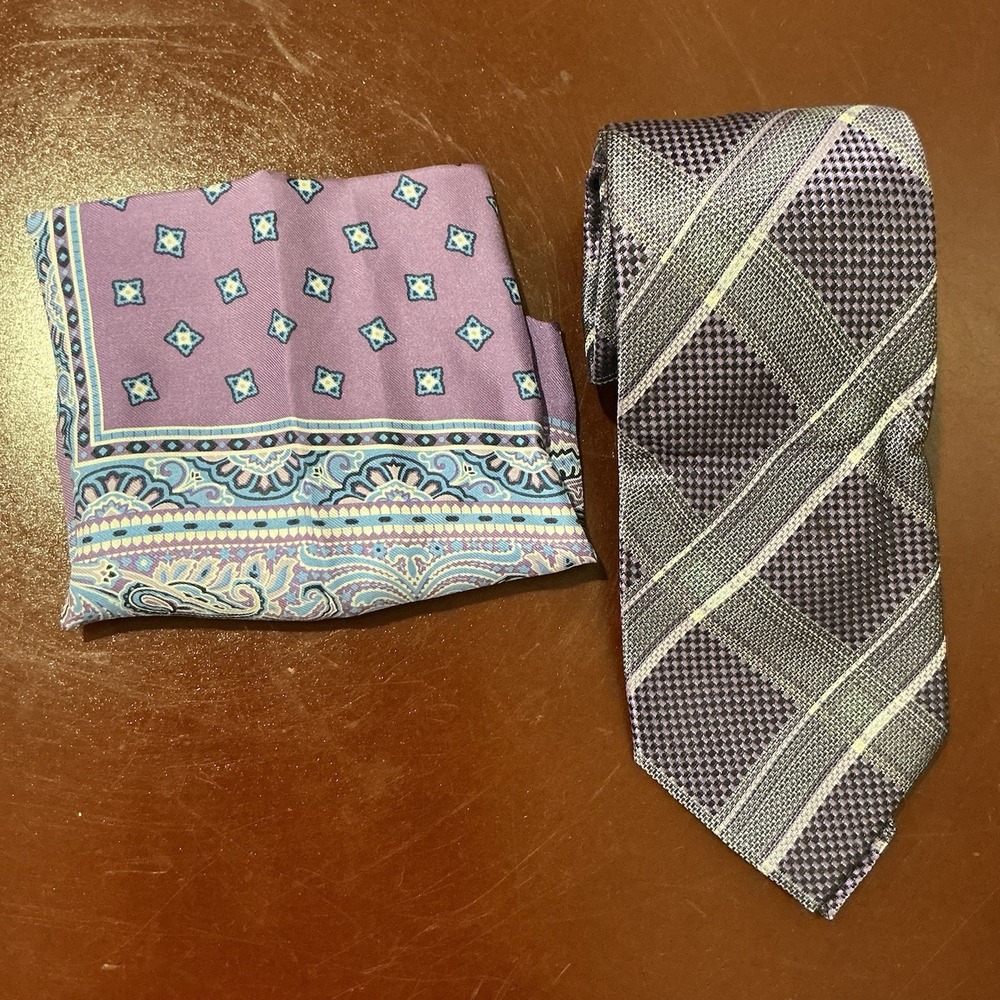 Jos. A. Bank Reserve Tie Mens One Size Purple Plaid 100% Silk Necktie And Square